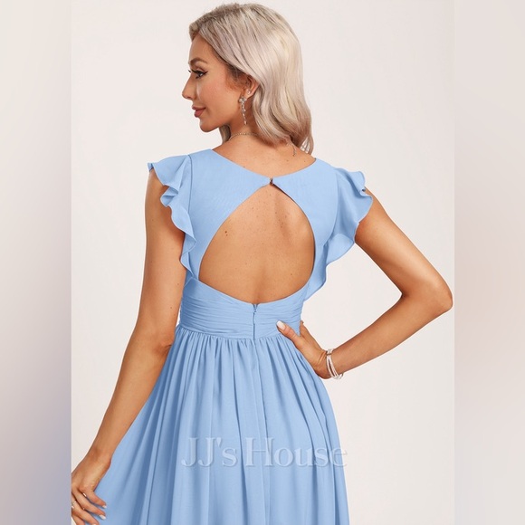 JJs House Floor-Length Chiffon Bridesmaid Dress With Ruffle in Light Blue - Picture 3 of 4